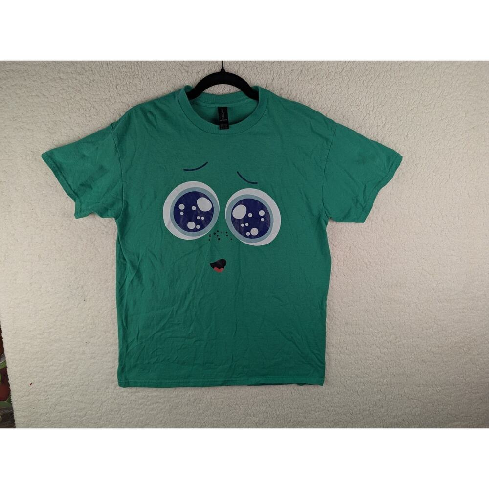 Gildan Heavy Cotton Green Anime Eyes Graphic T-Shirt Mens Medium Kawaii Face Tee